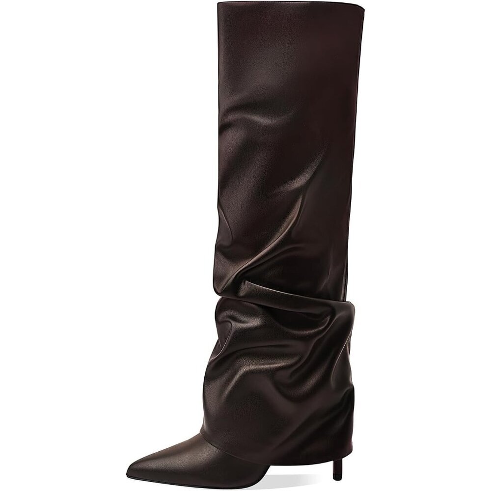 Women's Brown-Pu Knee High Fold Over Wide Calf Pointed Toe Long Heel Boot
